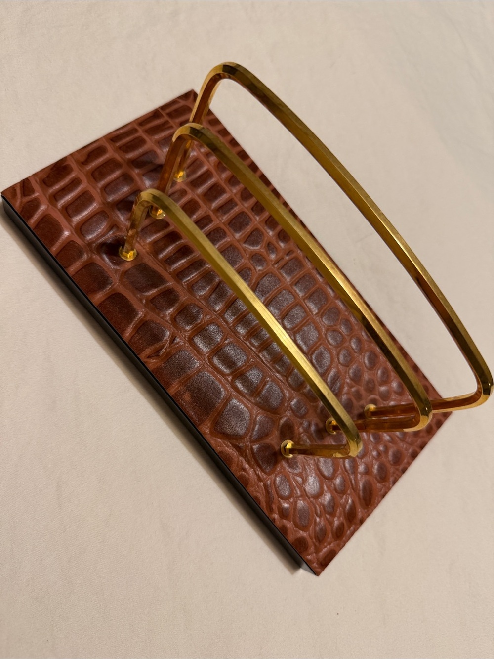 Croc-Embossed Brown Desk Letter Holder with Gold Accents